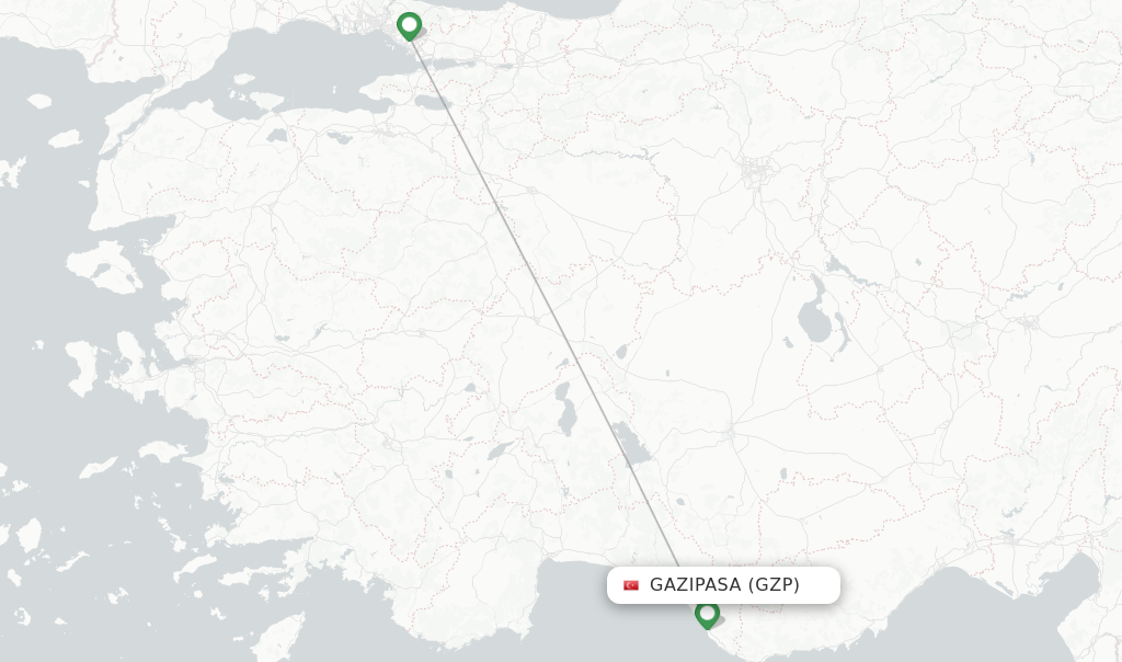 Route map with flights from Gazipasa with Pegasus