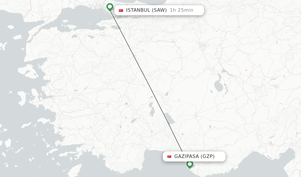 Flights from Gazipasa to Istanbul route map