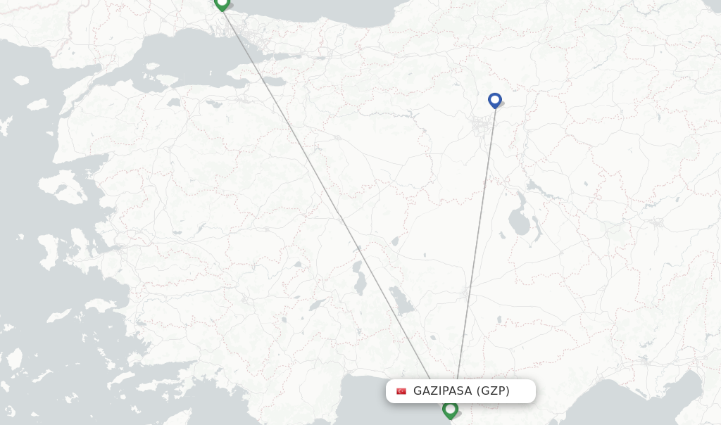 Route map with flights from Gazipasa with Turkish Airlines