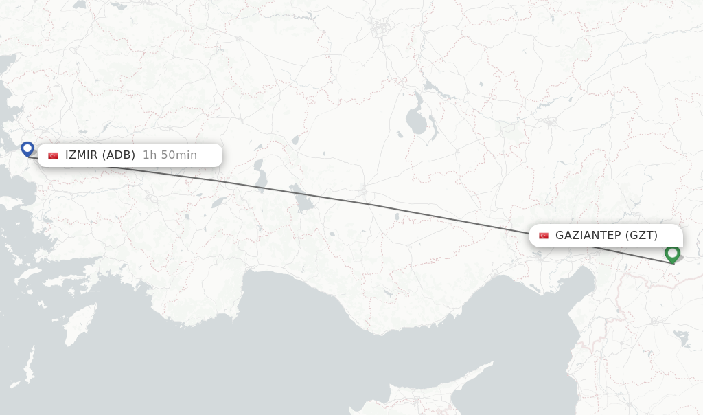 Flights from Gaziantep to Izmir route map