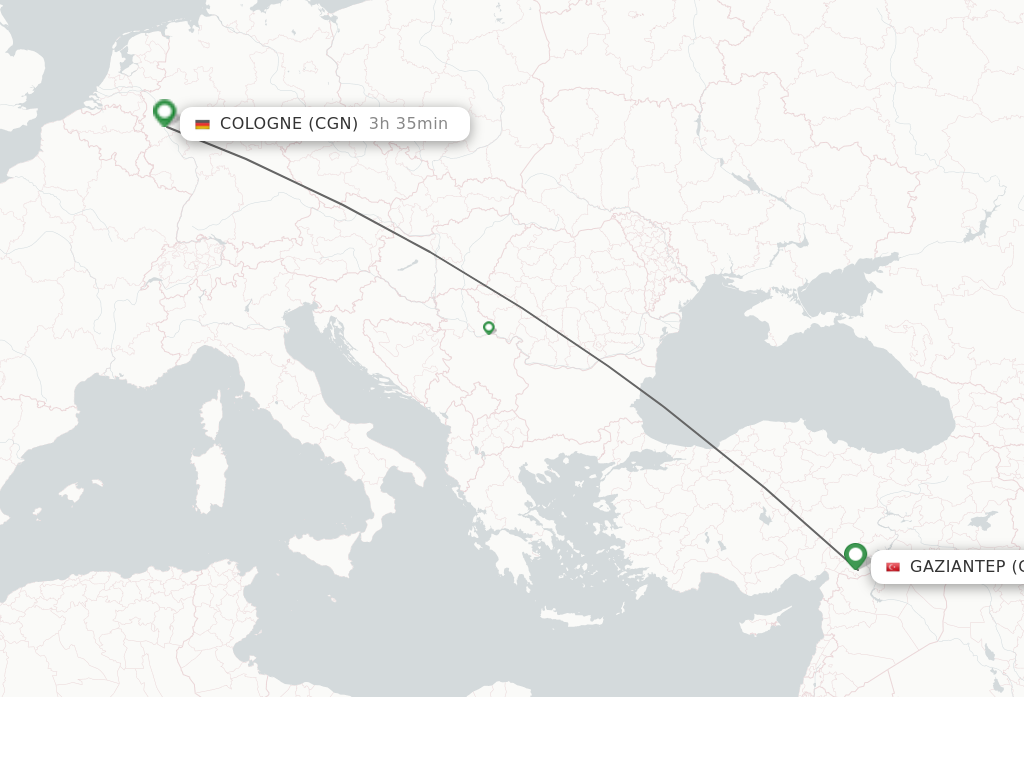 Flights from Gaziantep to Cologne route map