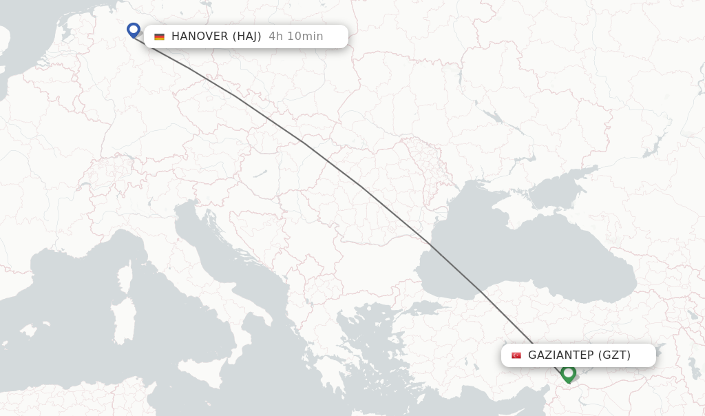 Flights from Gaziantep to Hanover route map