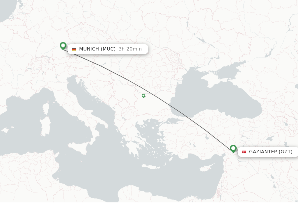 Flights from Gaziantep to Munich route map