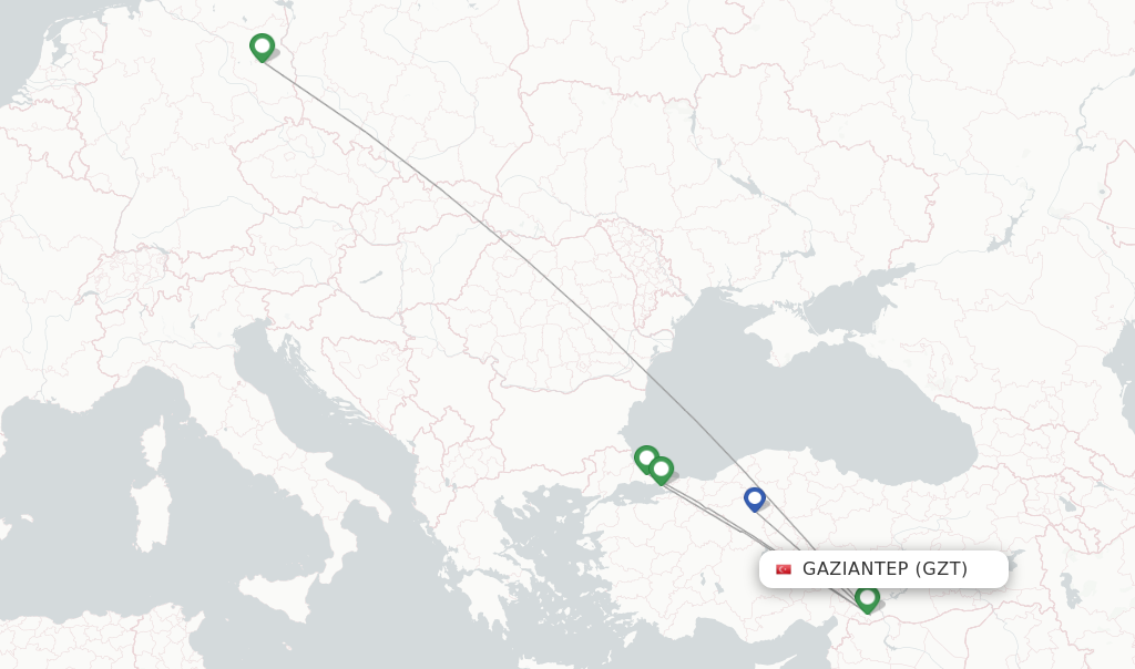 Route map with flights from Gaziantep with Turkish Airlines