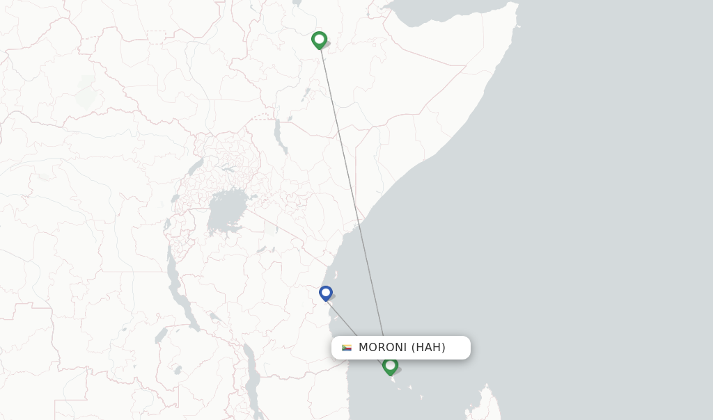 Route map with flights from Moroni with Ethiopian