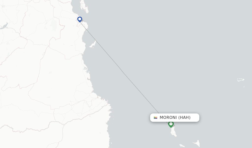 Route map with flights from Moroni with Air Tanzania