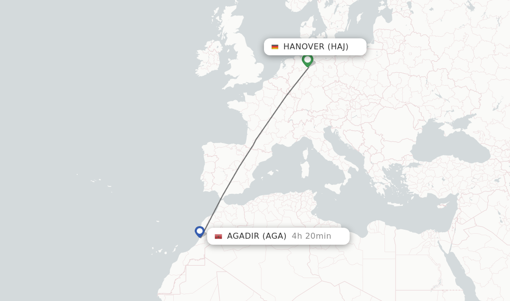 Flights from Hanover to Agadir route map