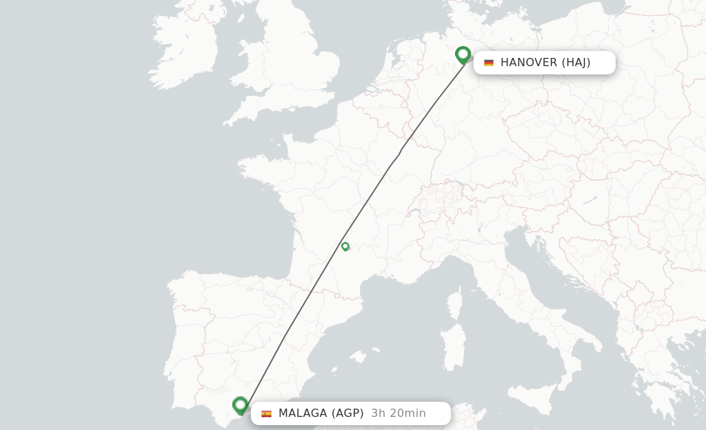 Flights from Hanover to Malaga route map