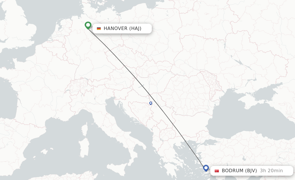Flights from Hanover to Bodrum route map