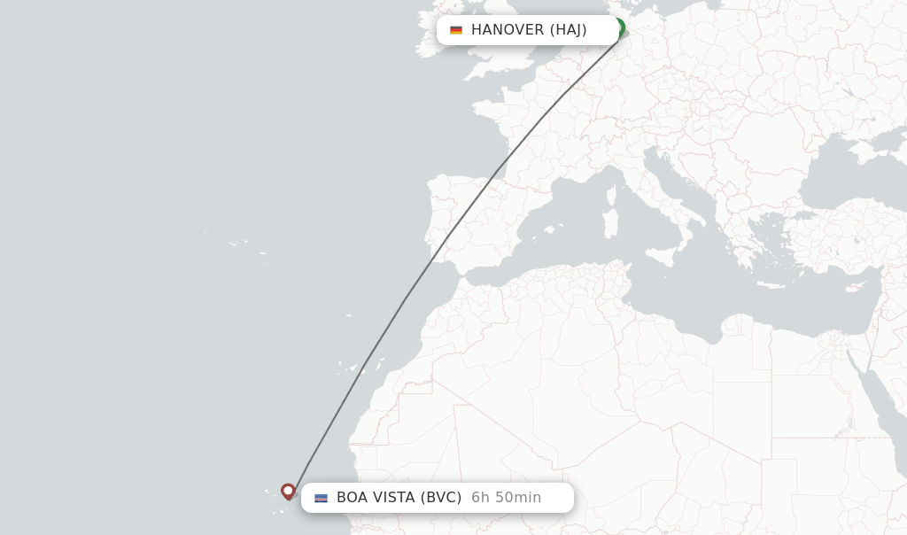 Flights from Hanover to Boa Vista route map