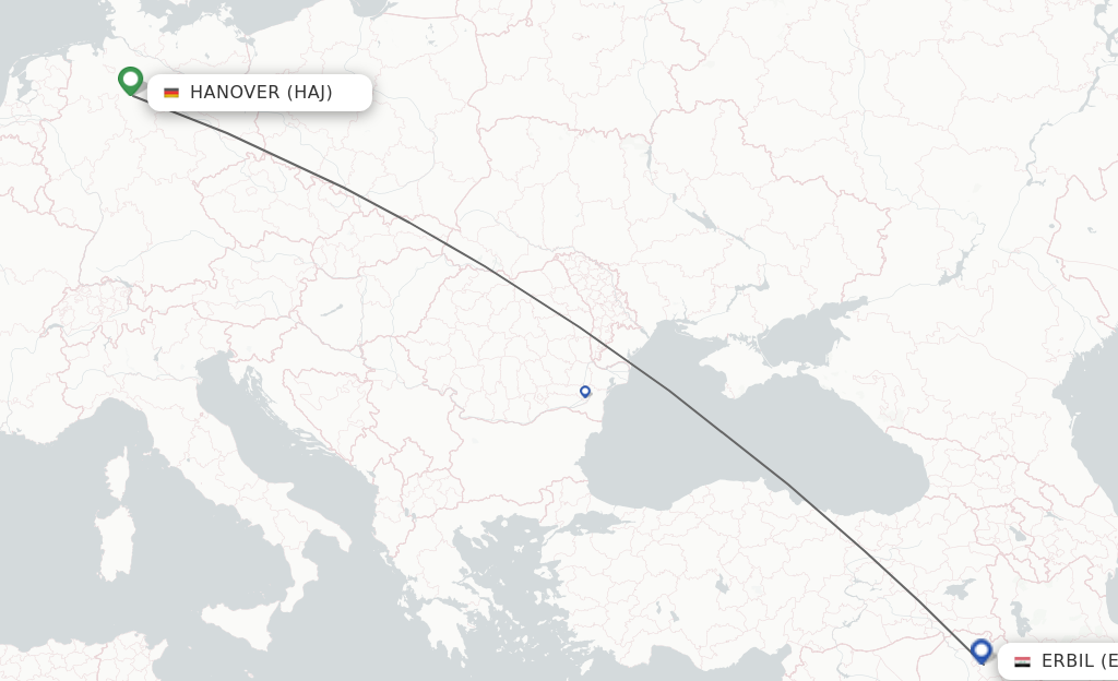 Flights from Hanover to Erbil route map