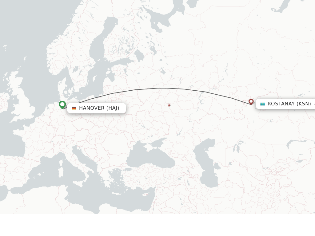 Flights from Kostanay to Hanover route map