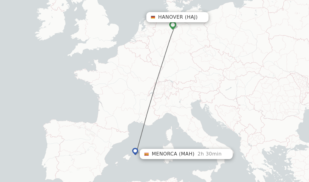 Flights from Hanover to Menorca route map