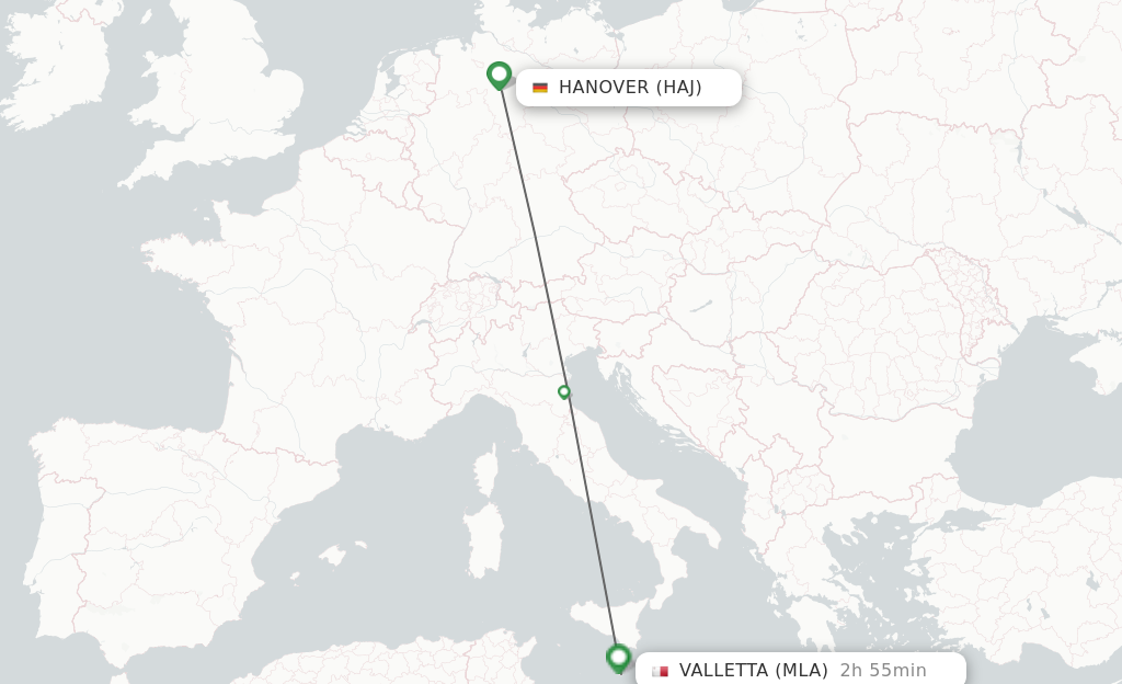Flights from Hanover to Malta route map