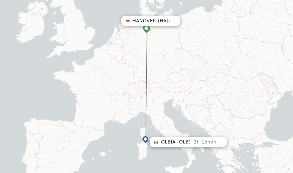 Flights from Hanover to Olbia route map