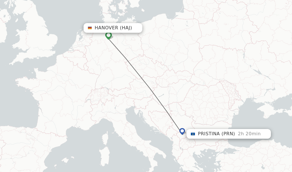 Flights from Hanover to Pristina route map