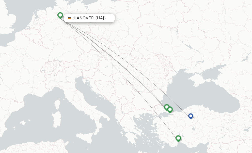 Route map with flights from Hanover with Turkish Airlines