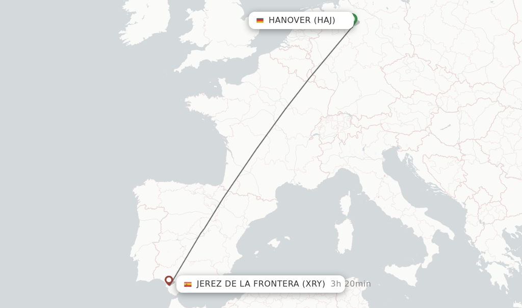 Flights from Hanover to Jerez De La Frontera route map