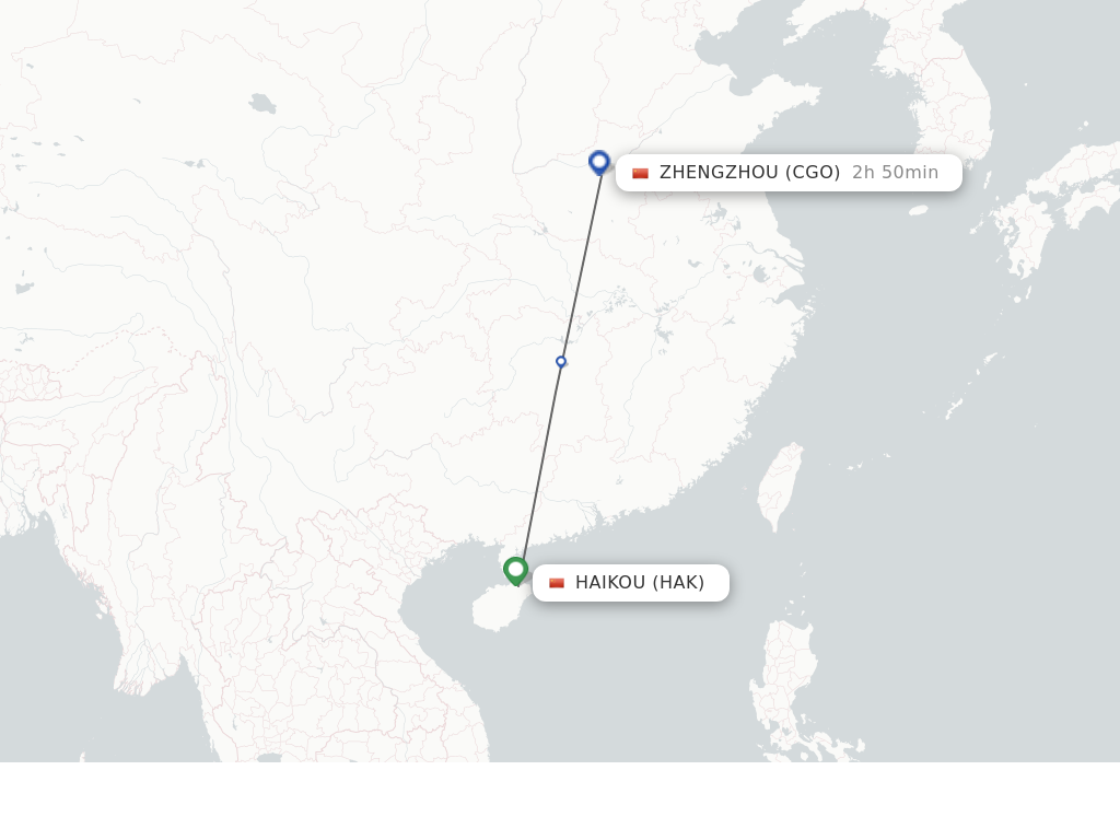 Flights from Haikou to Zhengzhou route map