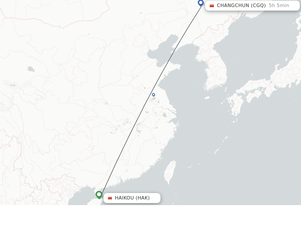 Flights from Haikou to Changchun route map