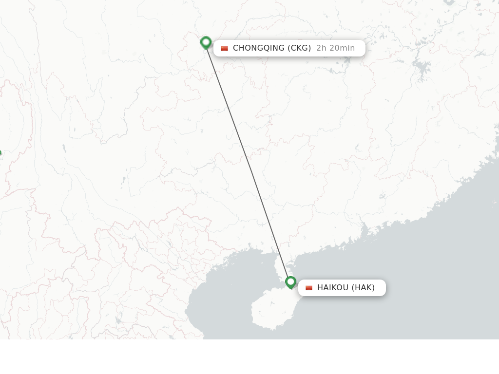 Flights from Haikou to Chongqing route map