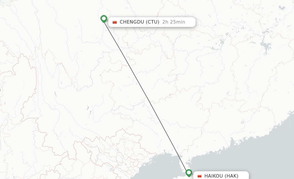 Flights from Haikou to Chengdu route map