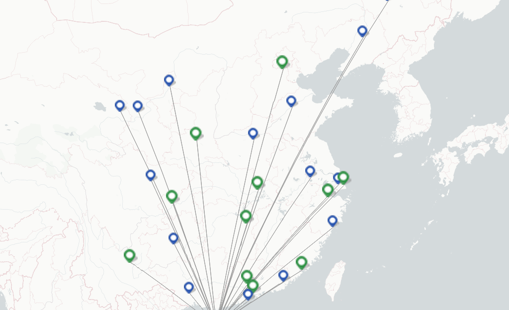 Route map with flights from Haikou with China Southern