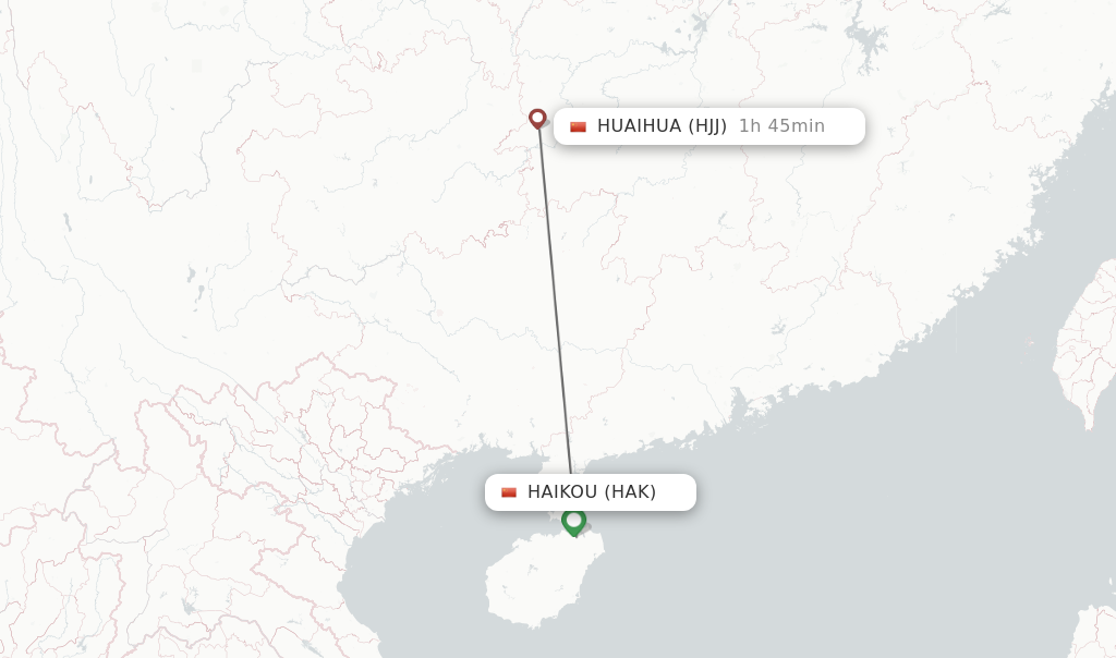 Flights from Haikou to Huaihua route map