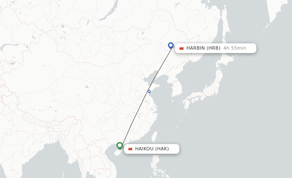 Flights from Haikou to Harbin route map