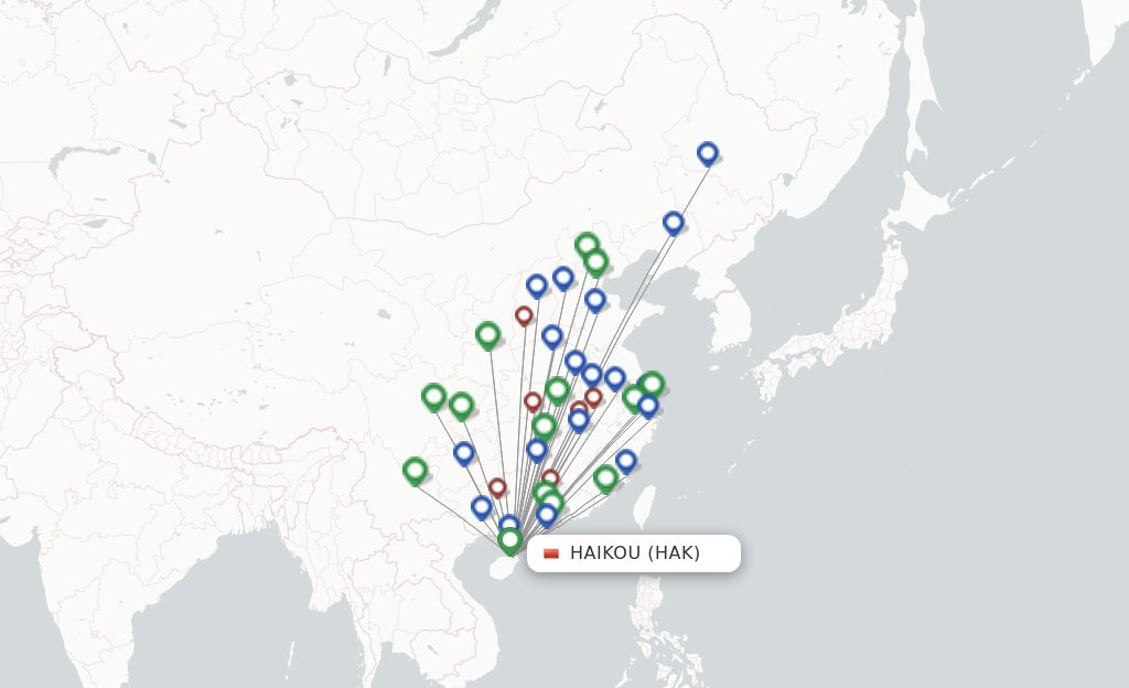 Route map with flights from Haikou with Hainan Airlines