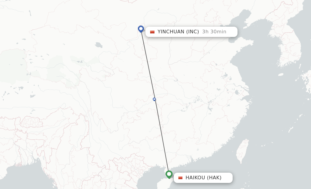 Flights from Haikou to Yinchuan route map