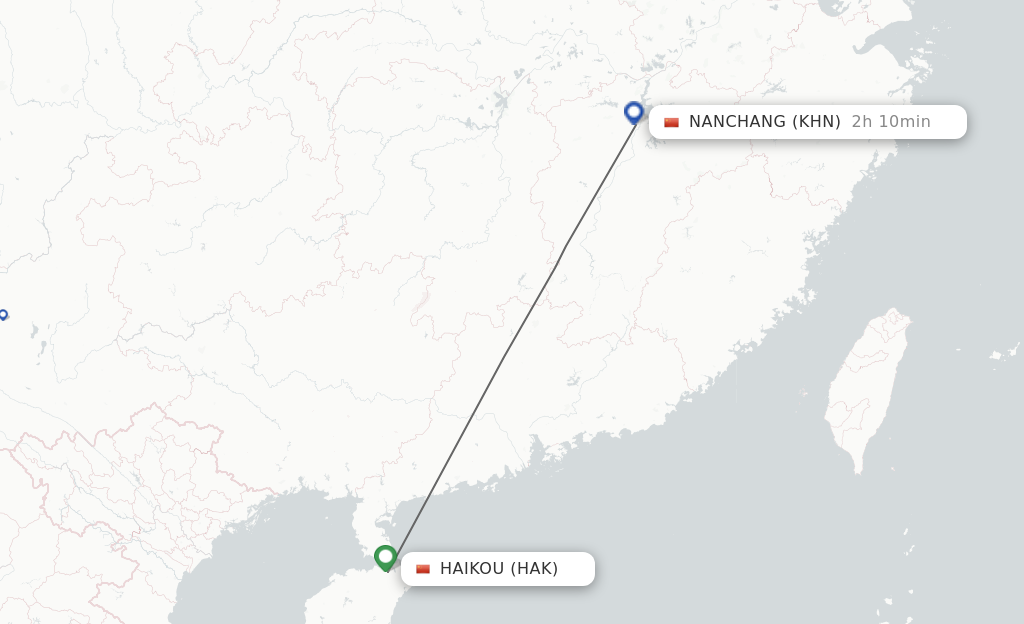 Flights from Haikou to Nanchang route map