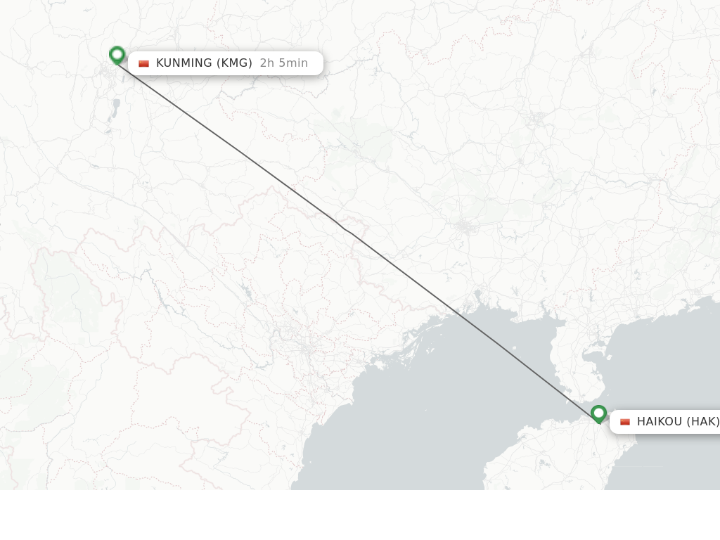 Flights from Haikou to Kunming route map