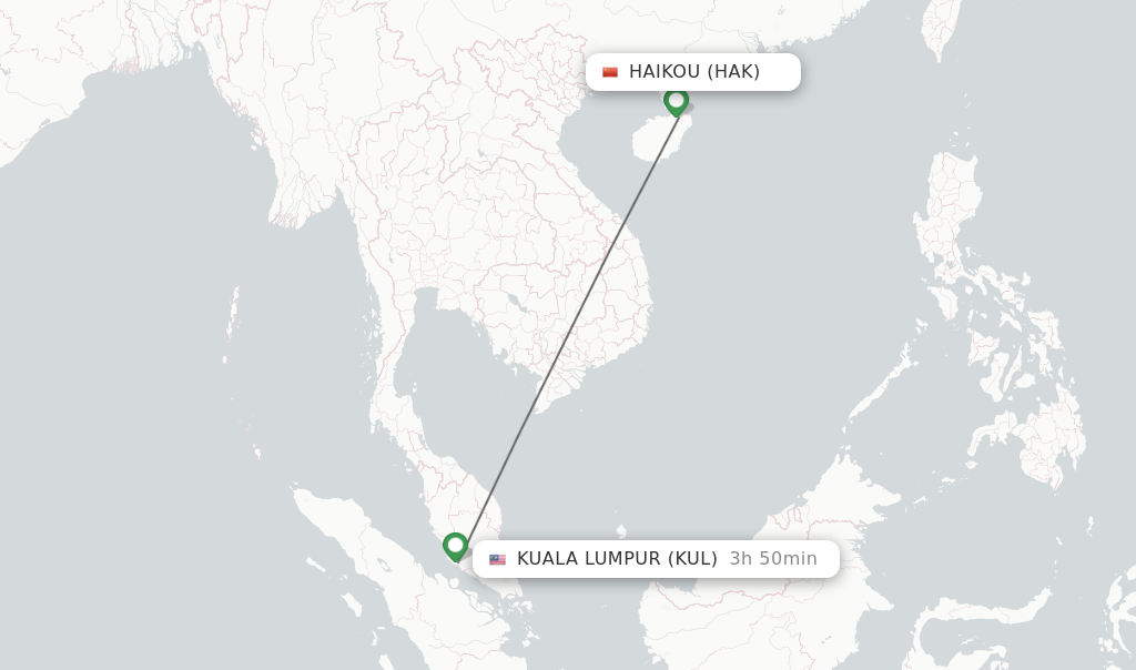 Flights from Haikou to Kuala Lumpur route map