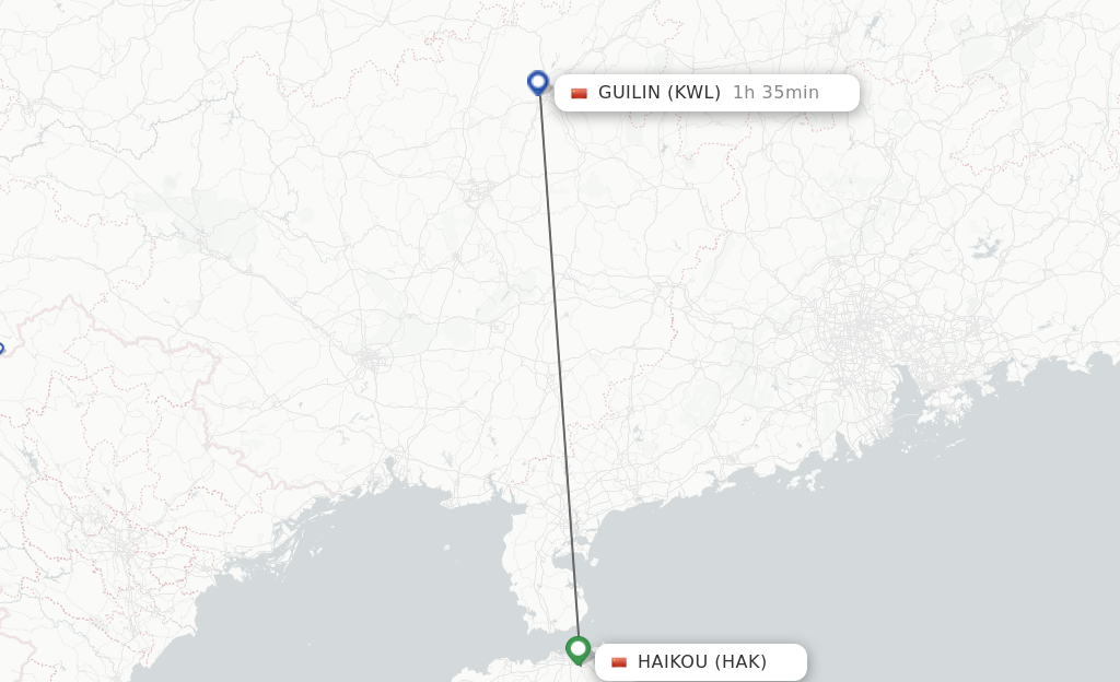 Flights from Haikou to Guilin route map