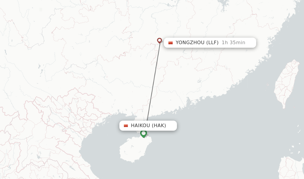 Flights from Haikou to Yongzhou route map
