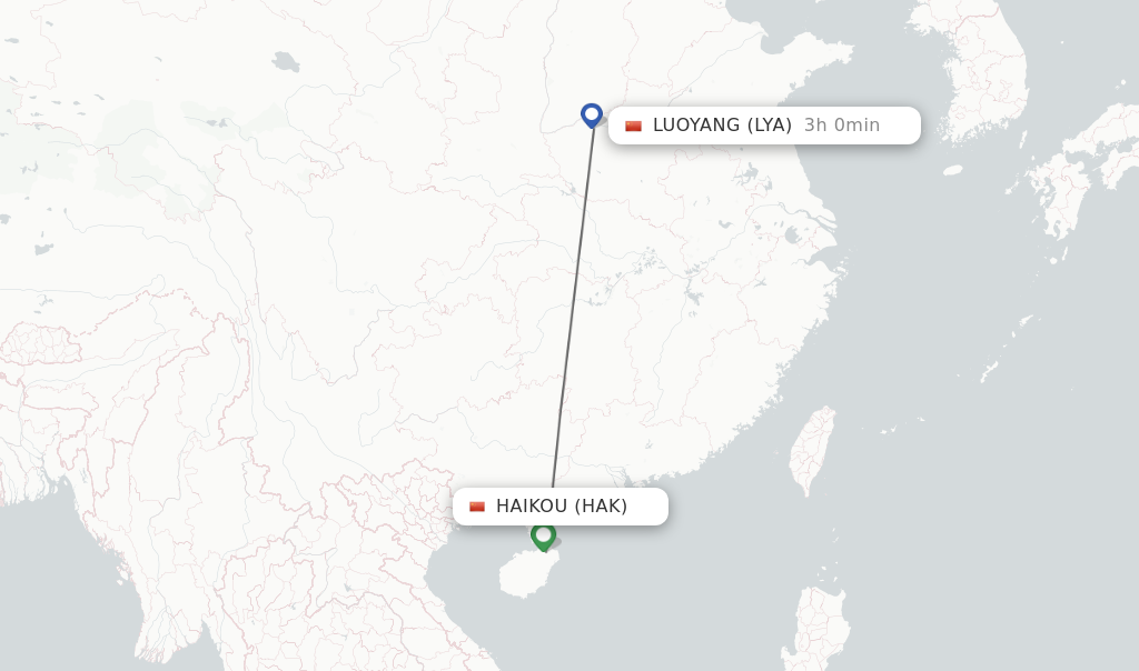 Flights from Haikou to Luoyang route map