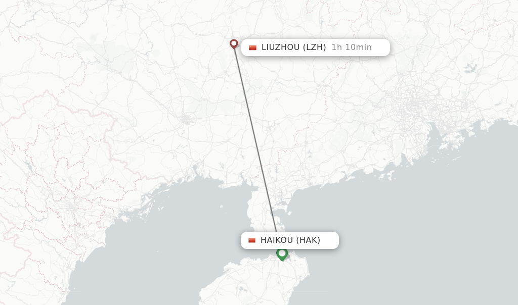 Flights from Haikou to Liuzhou route map
