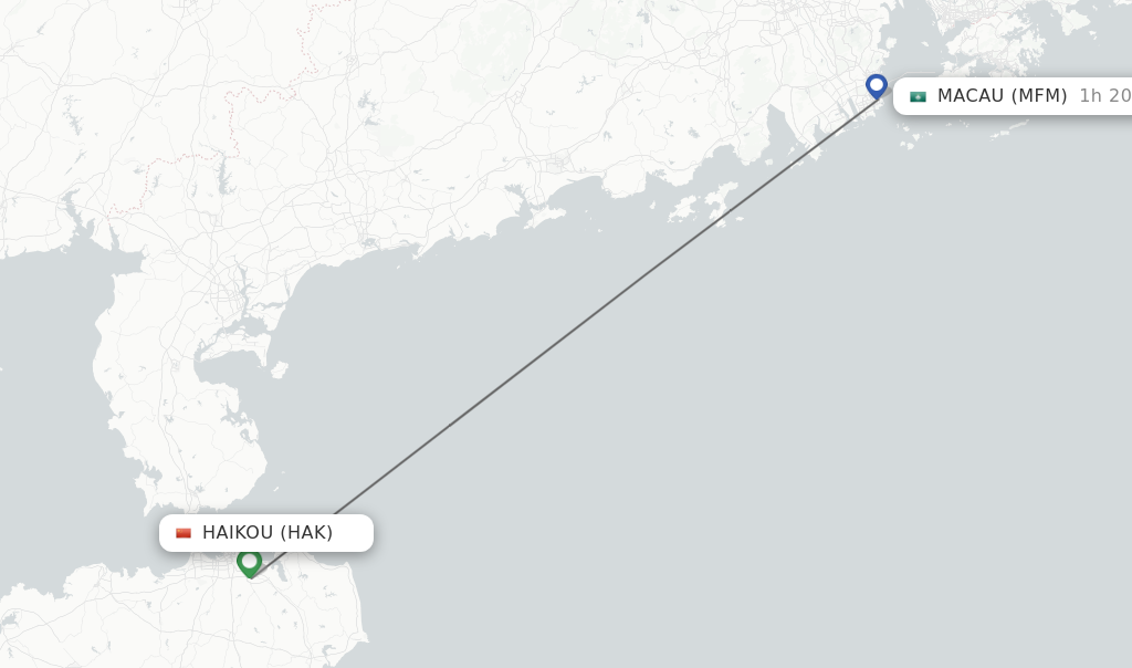 Flights from Haikou to Macau route map