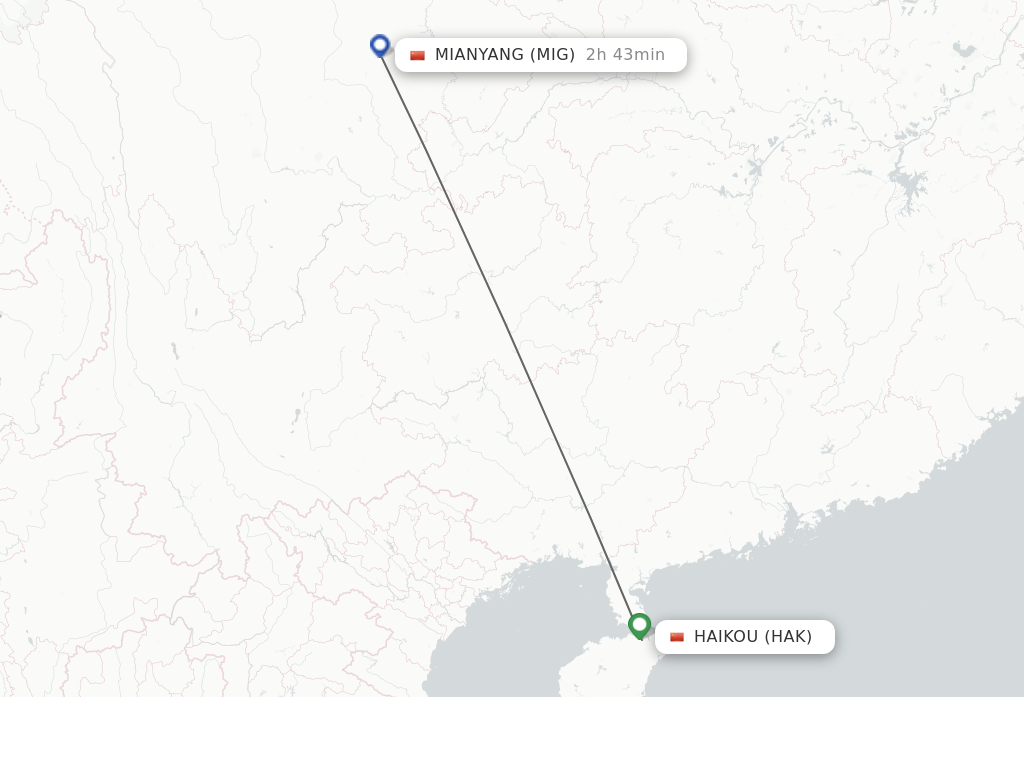 Flights from Haikou to Mian Yang route map