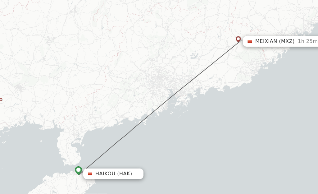 Flights from Haikou to Mei Xian route map