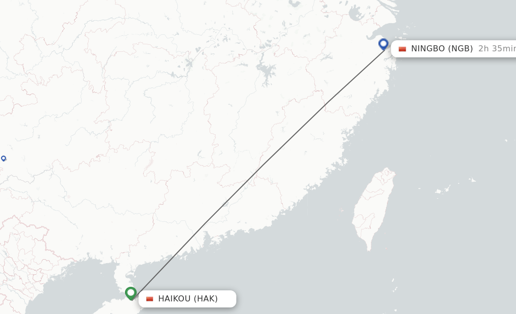Flights from Haikou to Ningbo route map