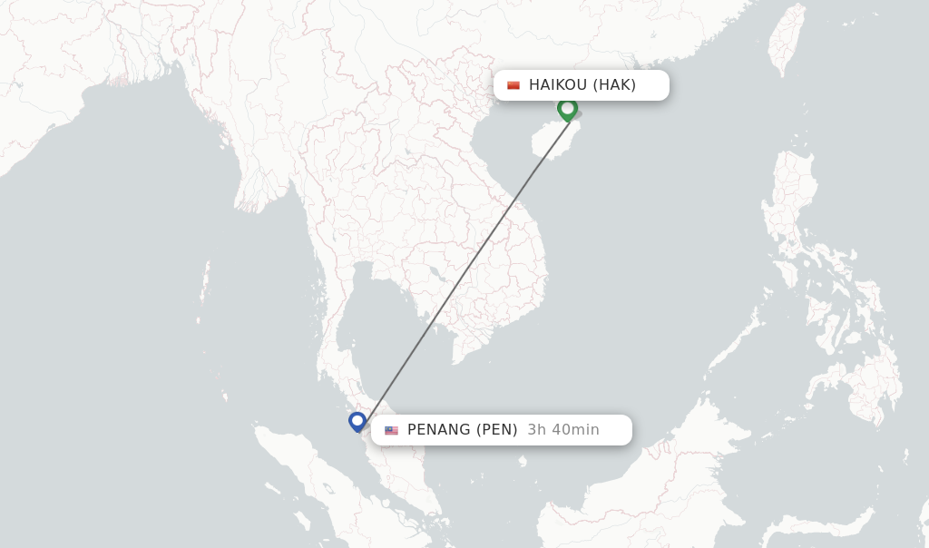 Flights from Haikou to Penang route map