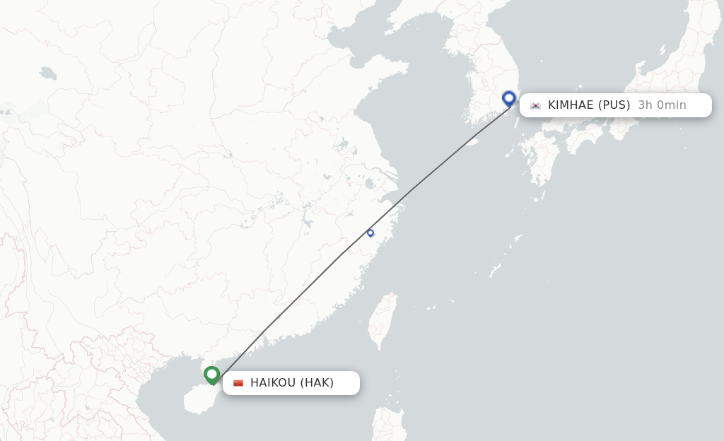 Flights from Haikou to Busan route map