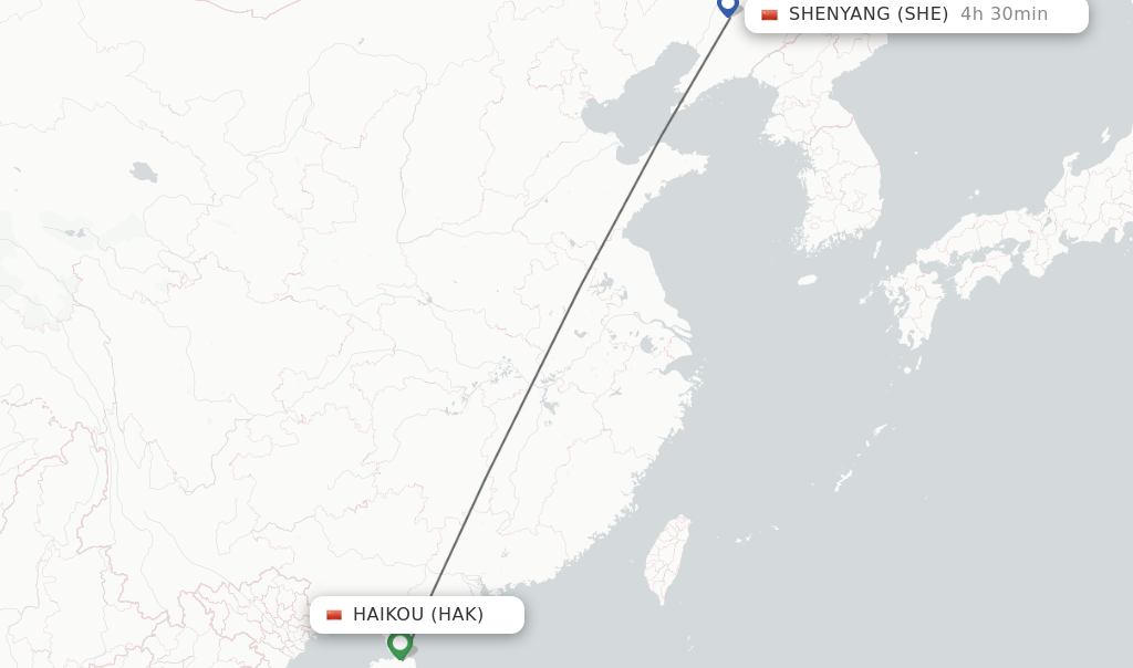 Flights from Haikou to Shenyang route map
