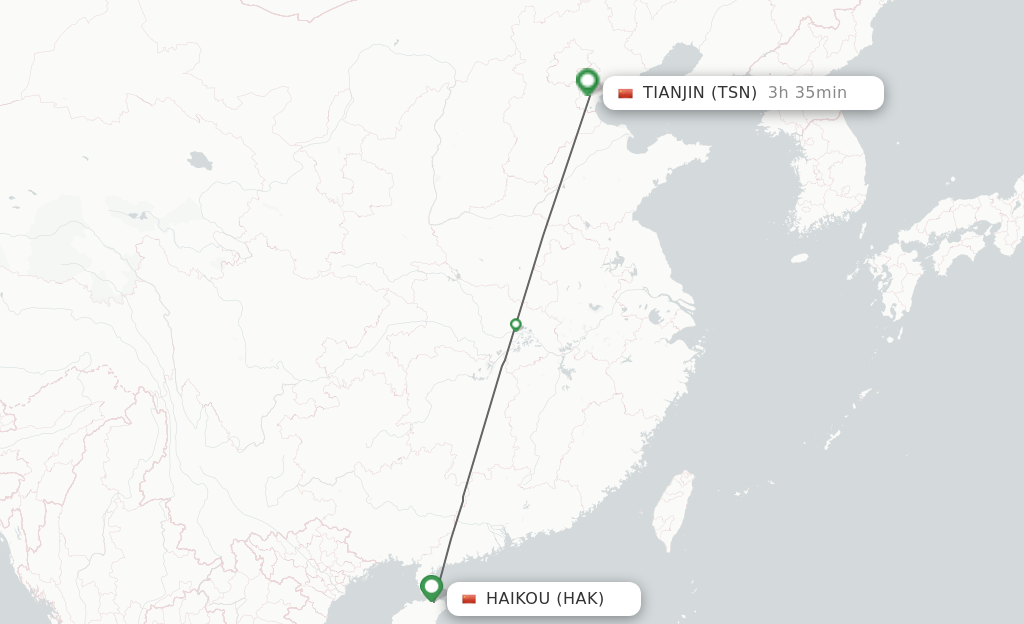 Flights from Haikou to Tianjin route map