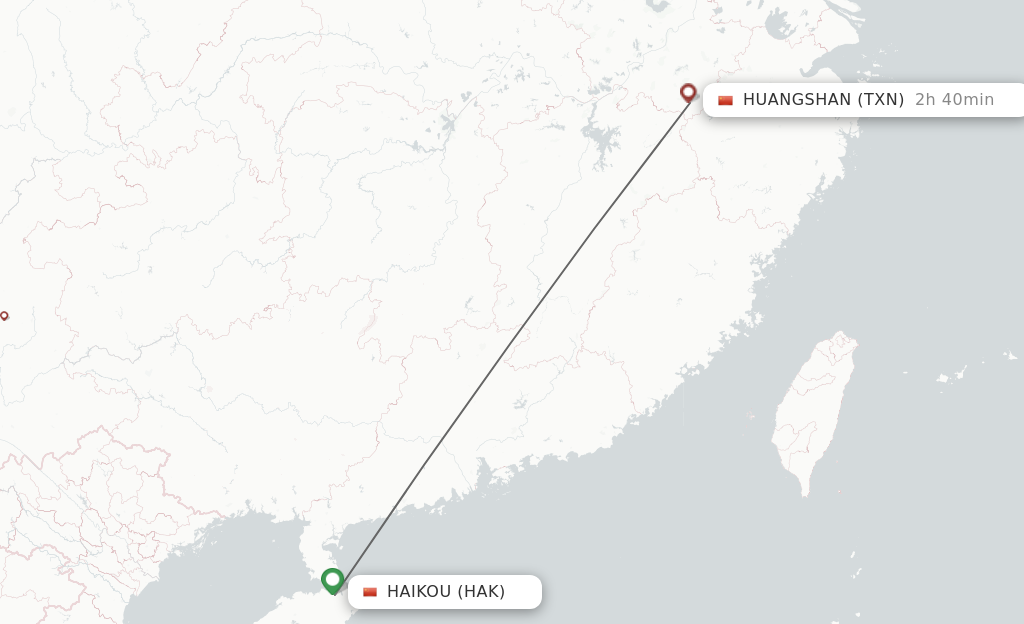 Flights from Haikou to Tunxi route map