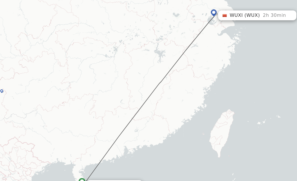 Flights from Haikou to Wuxi route map