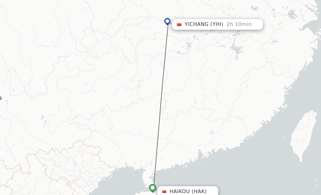 Flights from Haikou to Yichang route map