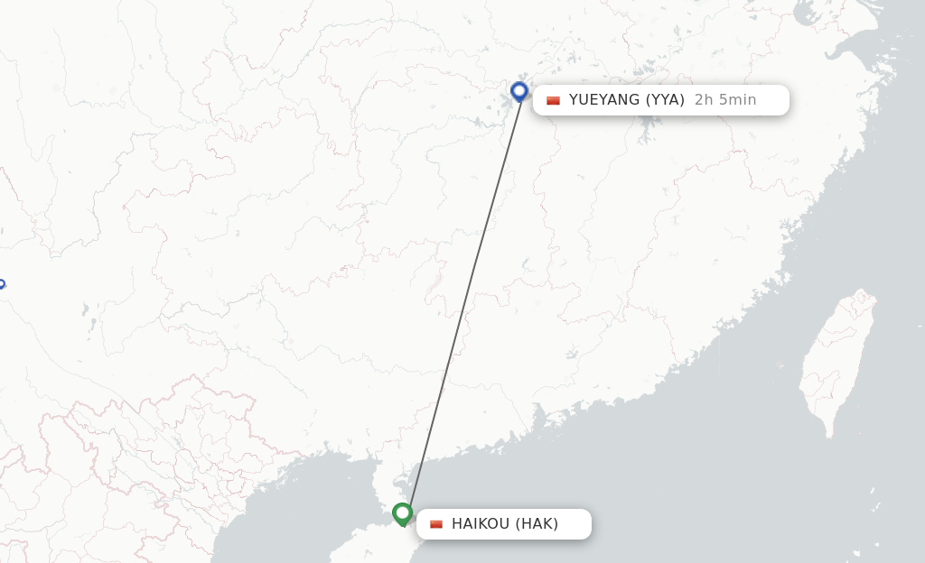 Flights from Haikou to Yueyang route map